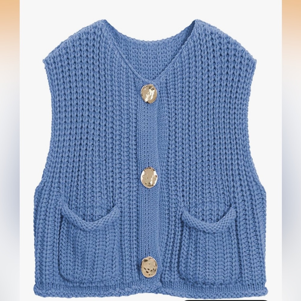NWOT Chunky Knit Button-Front Vest in Periwinkle Blue